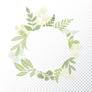 Circle Floral Frame With Hand Drawn Branches And Leaves Decoration. Round Green Botanical Border For Card Design. Transparent Background