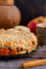 Homemade pie with raisins and strawberry, selective focus