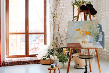 scandinavian style hipster interior, cozy loft room.