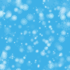 Naklejka na ściany i meble Seamless texture with white snowflakes on light blue background. This image based on macro photo of real snow crystal.