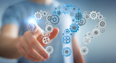 Businessman touching question marks gear 3D rendering