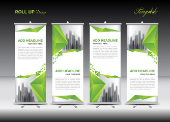 Green and white Roll Up Banner template design on polygon background, Business flyer, display, vector