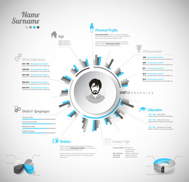Creative, color rich CV / resume template with circle in the center and place for your personal photo.