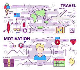 Vector thin line flat design travel and motivation concept banners
