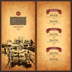Restaurant menu design. Vector menu brochure template for cafe, coffee house, restaurant, bar. Food and drinks logotype symbol design. With a sketch pictures - 144942959