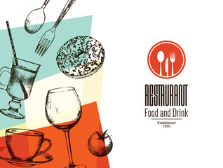 Restaurant menu design. Vector menu brochure template for cafe, coffee house, restaurant, bar. Food and drinks logotype symbol design. With a sketch pictures
