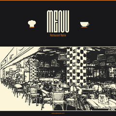 Restaurant menu design. Vector menu brochure template for cafe, coffee house, restaurant, bar. Food and drinks logotype symbol design. With a sketch pictures