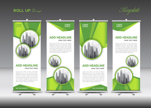 Green and white Roll Up Banner template design on polygon background, Business flyer, stand, vector