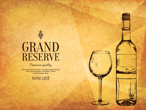 Wine list design. Vector brochure template for winery, cafe, restaurant, bar. Wine bottles and glasses