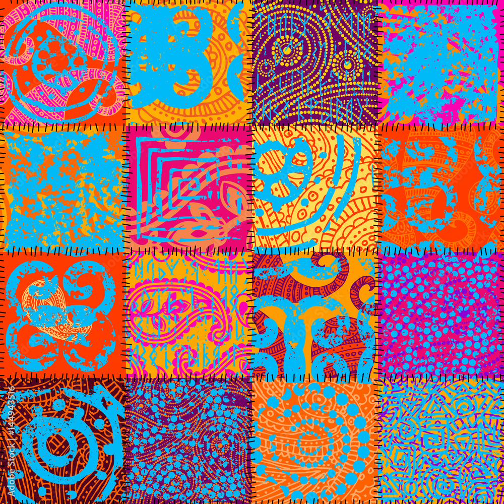 Poster seamless background pattern. imitation of a retro patchwork in indian style.