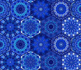 Blue Background Tiles Mandala Pattern