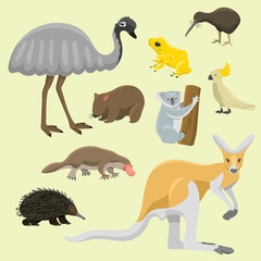 Australia wild animals cartoon popular nature characters flat style mammal collection vector illustration.