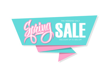 Spring Sale banner with calligraphic element. This weekend only, discount up to 50% off. Banner for business, promotion and advertising. Vector illustration.