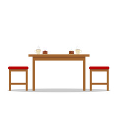 A table with two chairs, breakfast
