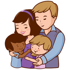 Mother and father hug their adopted children. Vector illustration