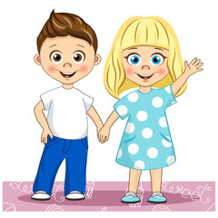 Vector cute smiling children Best Friends. Stylish kids holding hands their illustration