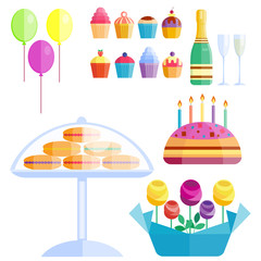 Party icons celebration happy birthday surprise decoration cocktail event anniversary vector.