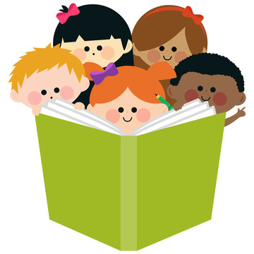 Group Of Children Reading A Book. Vector Illustration