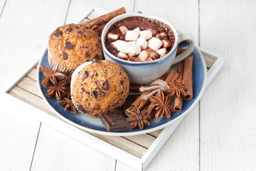 Hot cocoa drink with chocolate and homemade muffins
