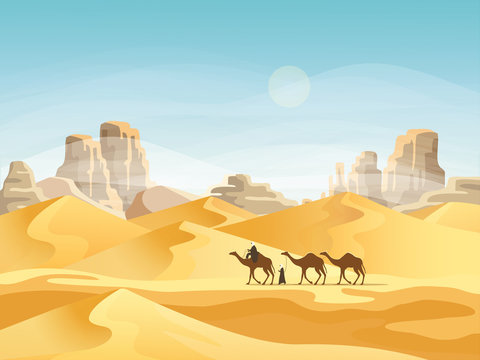 Desert with convoy or camel caravan