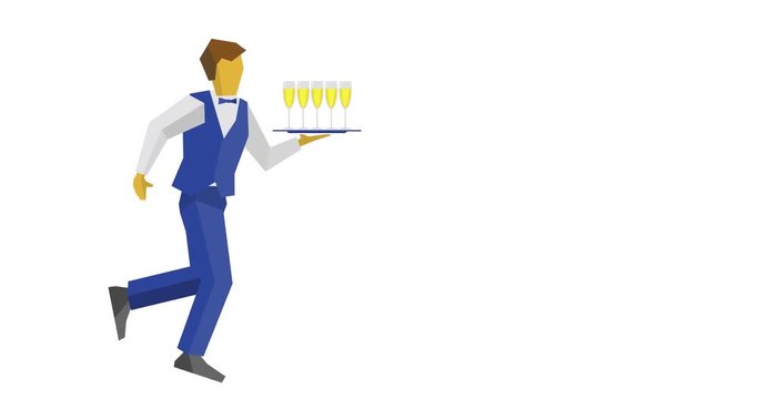 Cartoon waiter in blue vest and trousers running with champagne on tray. Catering concept. Seamless animation on pure white background. Person for restaurant or cafe logo, with place for text.