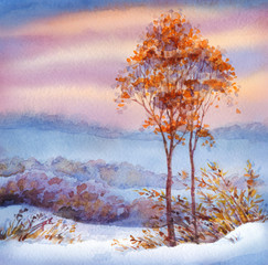 Watercolor winter landscape. Snow-covered valley and trees