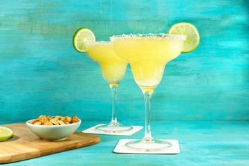 Margarita cocktail photo on vibrant background with copyspace