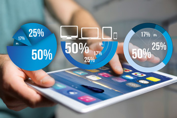 Blue survey graph interface with business theme going out a smartphone - Technology concept