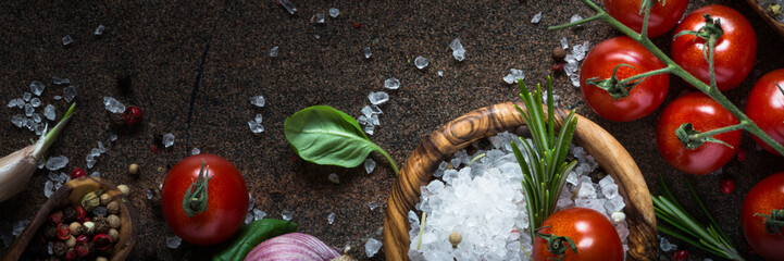 Food background with cooking ingredients. Long banner format.