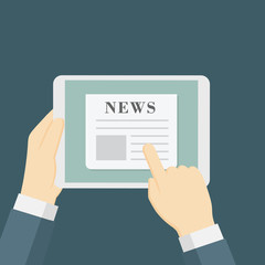 Online news vector illustration. People hand holding tablet and reading news online