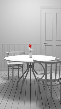Red flower in vase on cafe table black and white photo for vintage background.