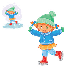 Vector winter illustration of small girl ice skating. Print