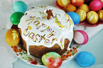 Still life with Nice colorful Easter eggs and traditional Easter cakes with text 