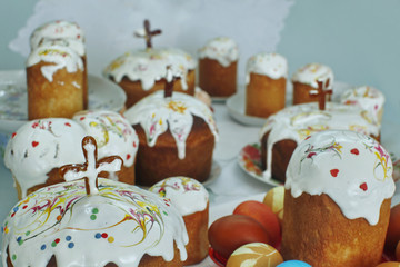 Still life with Nice colorful Easter eggs and traditional Easter cakes