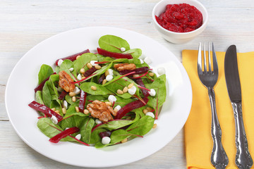 chard, cottage, beetroot and nuts salad