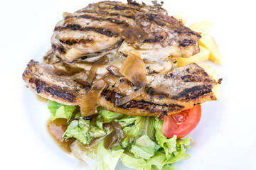 juicy steak beef meat with tomato and potatoes