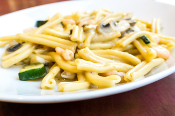 Pasta with Shrimp Dinner Dish on a the table