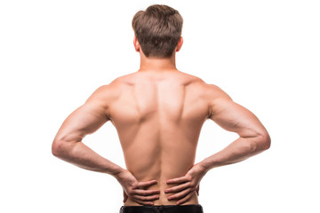 Close up of man rubbing his painful back on white background