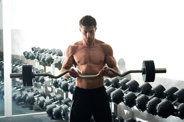 Horizontal shot of a shirtless muscular athletic young man doing biceps curls exercising with EZ curl bar at the gym workout fitness toning bodybuilding muscles sport activity concept.