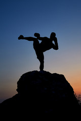 Fototapeta na wymiar Vertical shot of a silhouette of a man practicing kickboxing outdoors during stunning sunset copyspace Muay Thai boxing martial arts combat fighter fighting sports strength power masculinity courage.