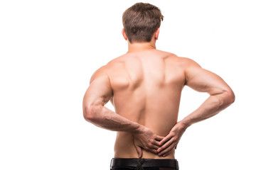 young man with back pain in back on white background
