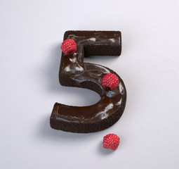 Chocolate Brownie Font Concept. Delicious Number 5 with raspberries in it. 3d rendering illustration.