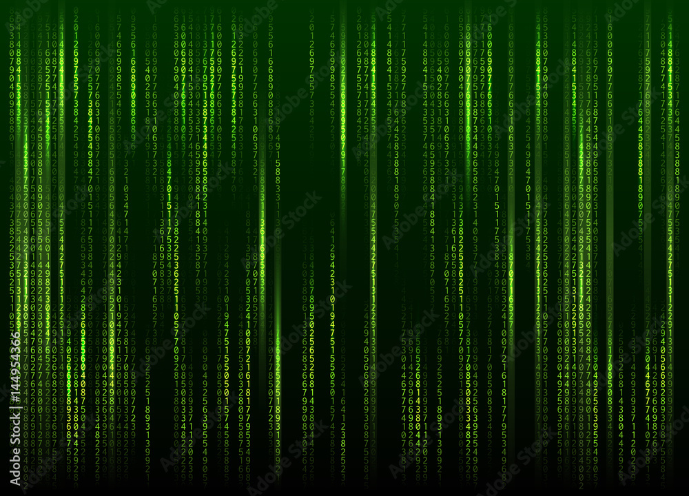 Fototapete Stream of binary code on screen. Abstract vector background. Data and technology, decryption and encryption, computer matrix background with the green symbols and numbers. Vector illustration. EPS 10