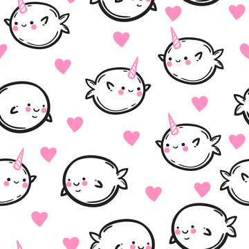 Funny vector seamless pattern with unicorn fish. Cute whales and narwhals in hearts. Children's drawing.
