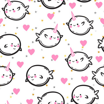 Funny vector seamless pattern with unicorn fish. Cute whales and narwhals in hearts and stars. Children's drawing.