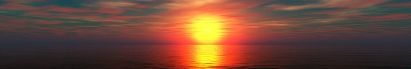 Naklejka na ściany i meble Beautiful ocean sunset, panorama of sea sunset, sun above water, 3d rendering 