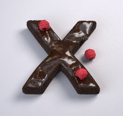Chocolate Brownie Font Concept. Delicious Letter X with raspberries in it. 3d rendering illustration.