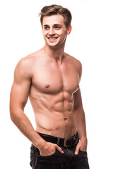 Well built shirtless muscular male model against white background
