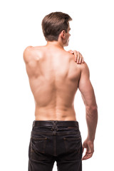 Obraz premium sport man with pain in the neck on white background