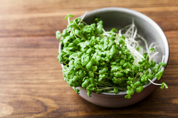 Mustard microgreen salad in metallic bowl on wooden background